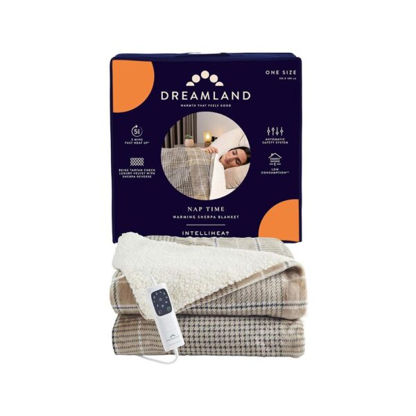 Dreamland Nap Time Heated Electric Blanket Throw With 6 Heat Settings 180cm x 135cm - Velvet Sherpa Beige Tartan Check