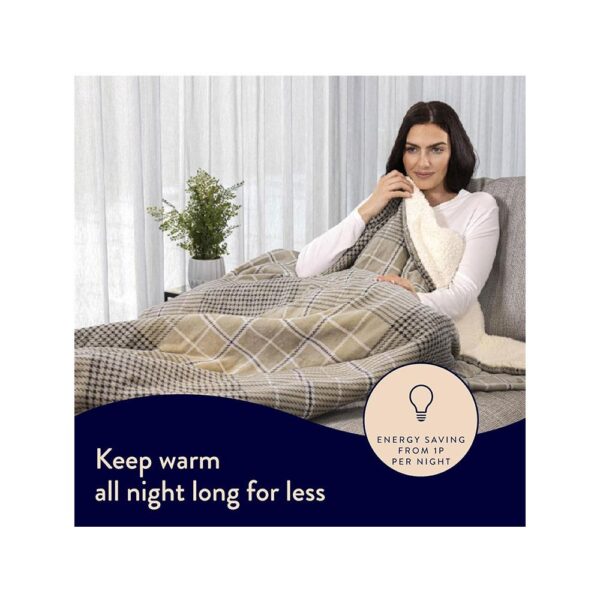Dreamland Nap Time Heated Electric Blanket Throw With 6 Heat Settings 180cm x 135cm - Velvet Sherpa Beige Tartan Check - Image 4