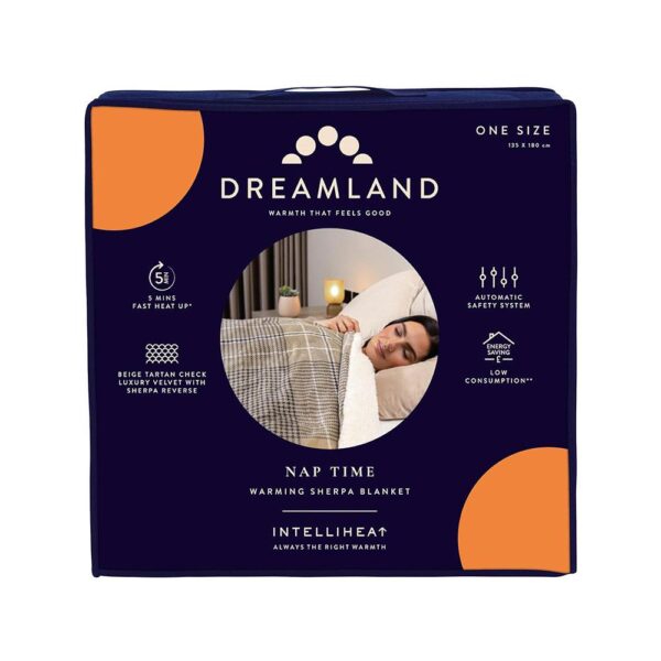 Dreamland Nap Time Heated Electric Blanket Throw With 6 Heat Settings 180cm x 135cm - Velvet Sherpa Beige Tartan Check - Image 5