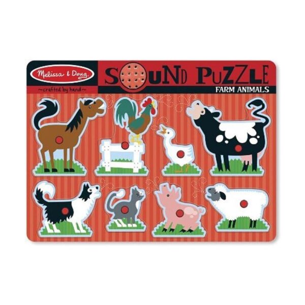 Melissa & Doug Farm Animals Sound Puzzle Board - 8 Piece Wooden Peg Puzzle With Sound Effects - Multicolour