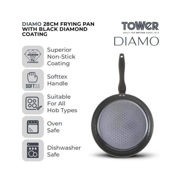 Tower Diamo Frying Pan 28cm With Black Diamond Ceramic Non-Stick Coating And Softtex Handle - Black - Image 2