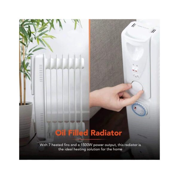Warmlite 7 Fin Oil Filled Radiator With Adjustable Thermostat & 24 Hour Timer 1500W - White - Image 3