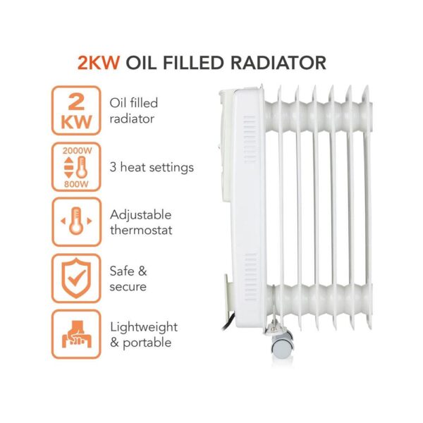 Warmlite 9 Fin Oil Filled Radiator 2000W With 3 Heat Settings & Adjustable Thermostat Overheat Protection Timer - White - Image 2