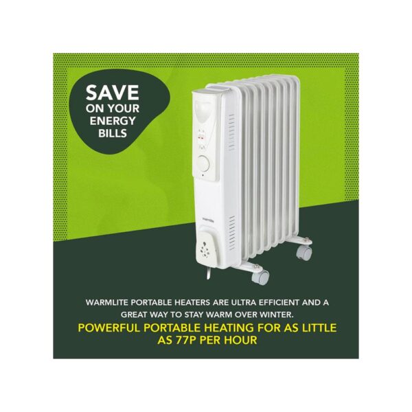 Warmlite 9 Fin Oil Filled Radiator 2000W With 3 Heat Settings & Adjustable Thermostat Overheat Protection Timer - White - Image 4