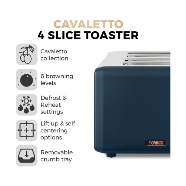Tower Cavaletto 4 Slice Toaster Stainless Steel 1800W - Midnight Blue & Rose Gold - Image 2