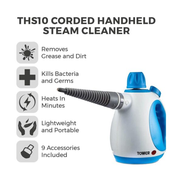 Tower THS10 Handheld Steam Cleaner Includes Crevice Tool Flexible Hose Brush Tool Microfiber Cloth 1050W 250ml - Blue - Image 2