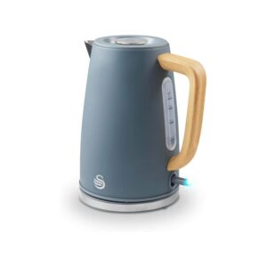 Grey 1.7L Swan Fjord electric kettle with wood-effect handle – front view