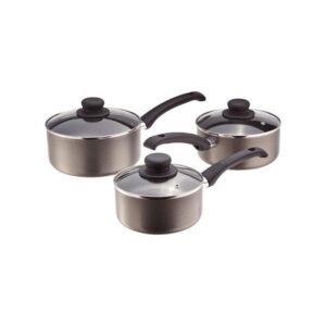 "Judge Everyday 3 Piece Non-Stick Aluminium Saucepan Set with Glass Lids Pewter"