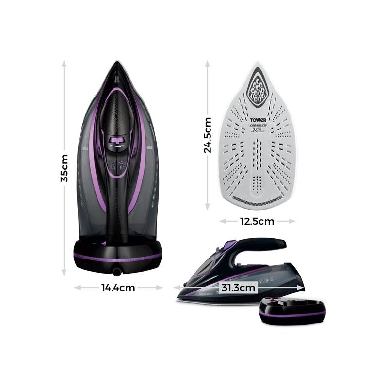 Tower Ceraglide XL Cordless Steam Iron One Temp Technology Ceramic Soleplate Ant-Drip Anti Calc Functions 3100W 350ml Water Tank Lilac And Black - Image 6