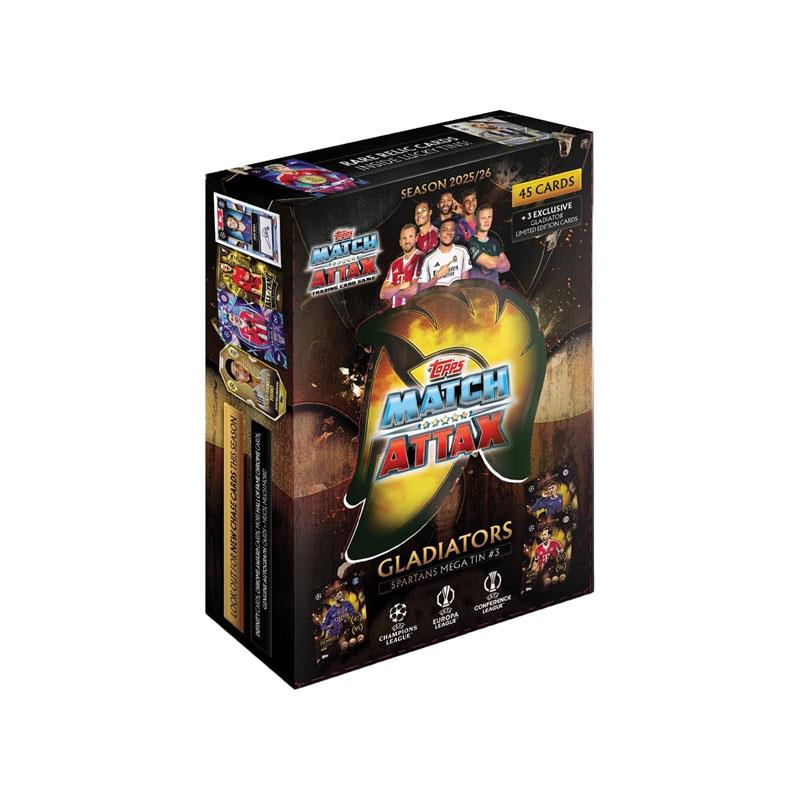 Topps UCC Match Attax 2025/26 Spartans Mega Tin Trading Cards Game 45 Cards Plus 3 Gladiators LE Cards Football Collector Tin
