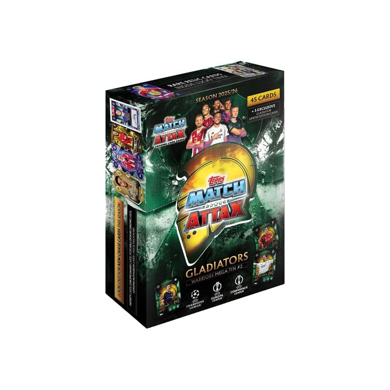 Topps UCC Match Attax 2025/26 Warriors Mega Tin Trading Cards Game 45 Cards Plus 3 Gladiators LE Cards Mega Tin Multicolour