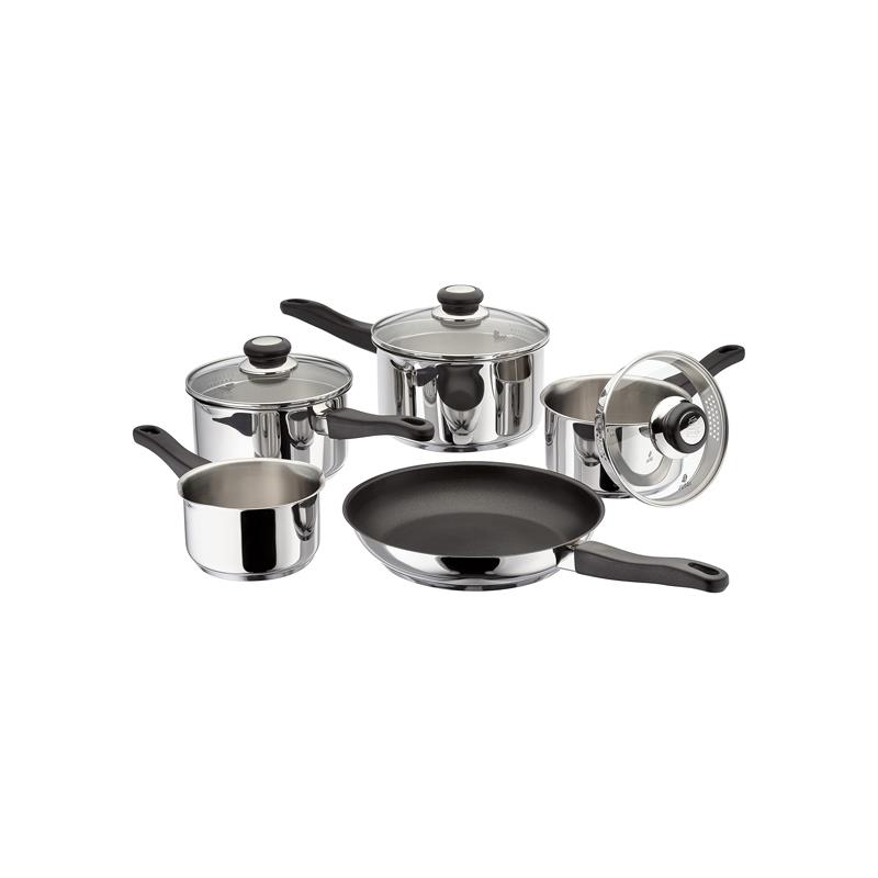 Judge Vista 5 Piece Stainless Steel Cookware Set Draining Saucepans Milk Pan Non Stick Frying Pan Induction Ready Silver