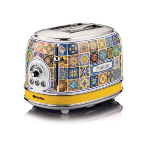 Ariete Positano 2 Slice Toaster 6 Levels of Gilding Crumb Tray Defrost Function Automatic Ejection Painted Steel Retro Italian Tile Design 810W Multicolour