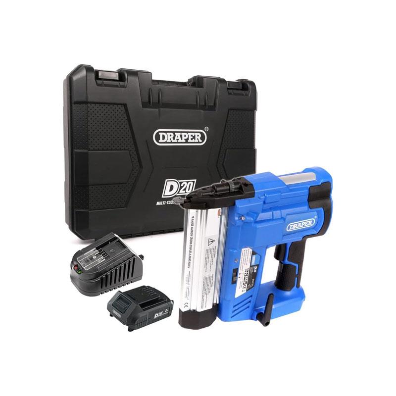 Draper D20 20V Cordless Nailer And Stapler 1 x 2.0Ah Battery 1 x Charger Blue