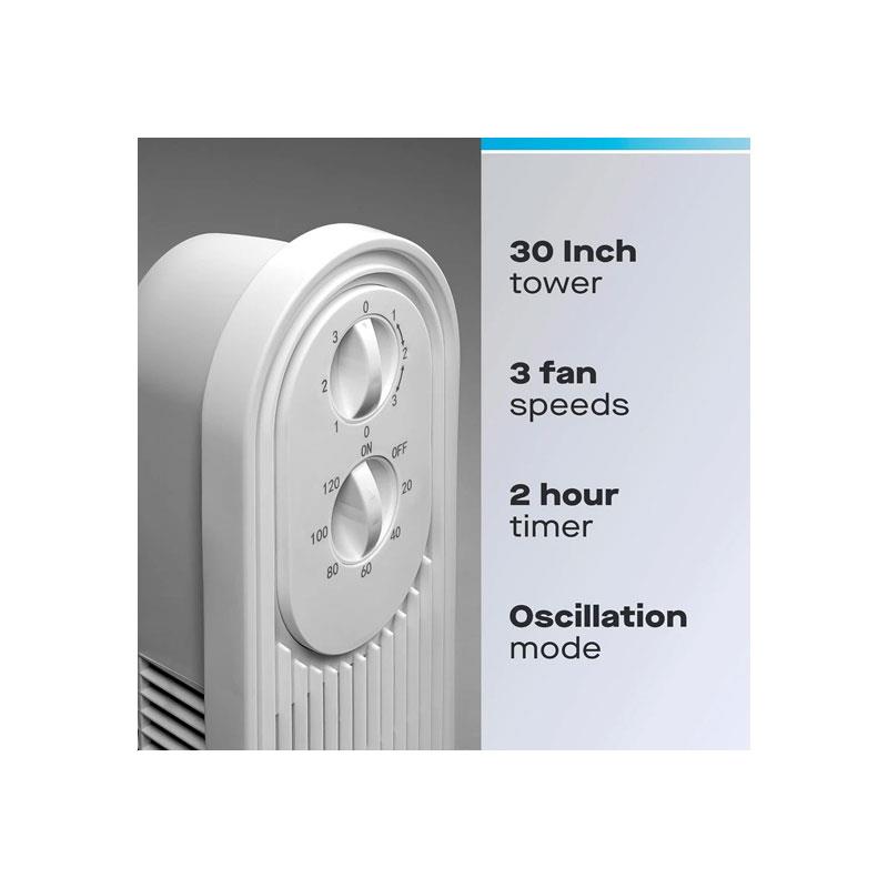 Fine Elements 30 Inch Tower Fan 3 Speed Settings Oscillation 2 Hour Timer Easy To Use Dials Carry Handle 50W White - Image 2