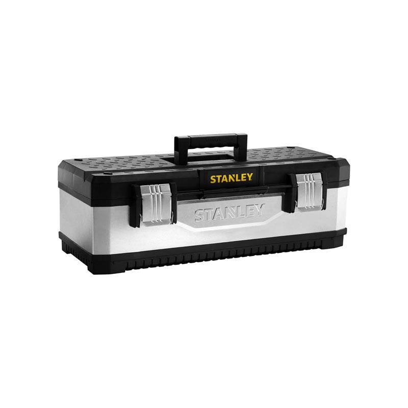 Stanley Galvanised Metal Toolbox Chest 26 Inch Heavy Duty Tool Box With Tote Tray Silver/Black - Image 2