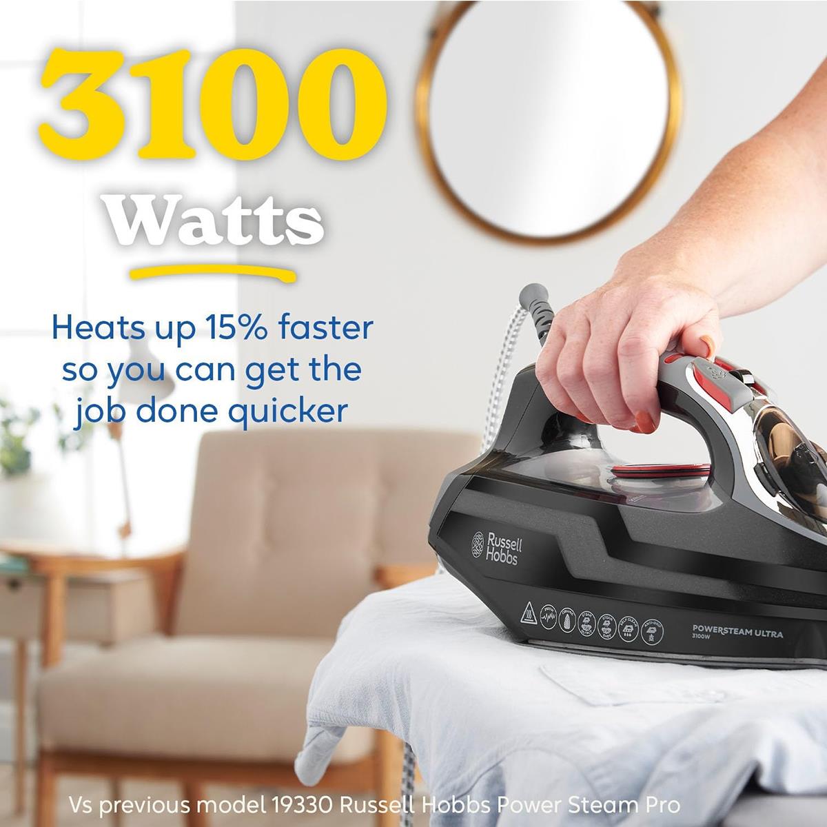 Russell Hobbs PowerSteam Ultra Steam Iron 3100W Ceramic Soleplate 350ml Water Tank Black - Image 3