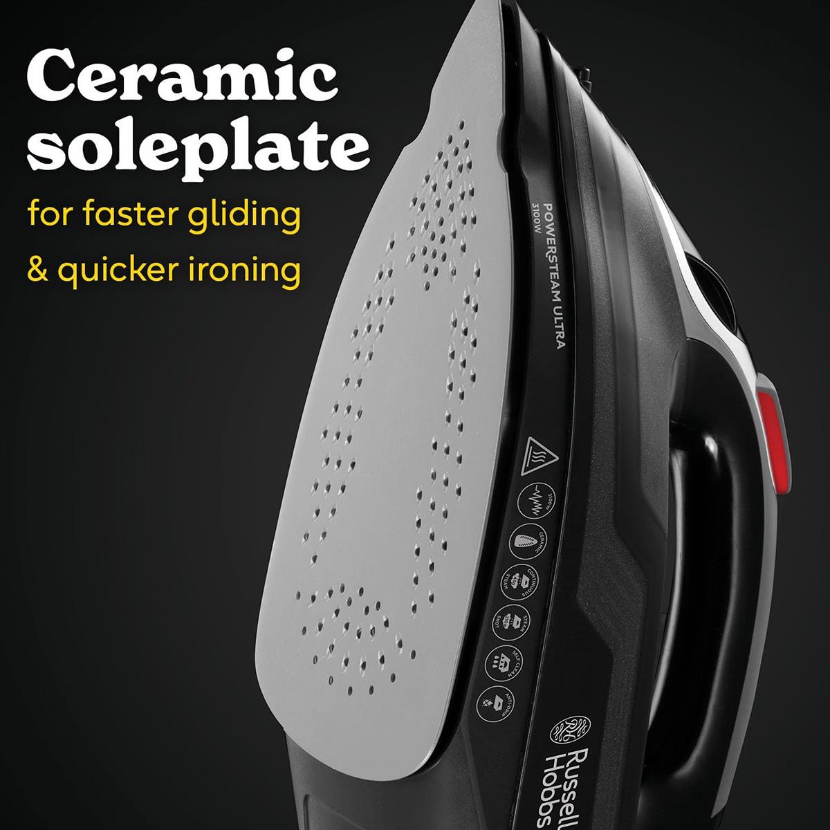 Russell Hobbs PowerSteam Ultra Steam Iron 3100W Ceramic Soleplate 350ml Water Tank Black - Image 4