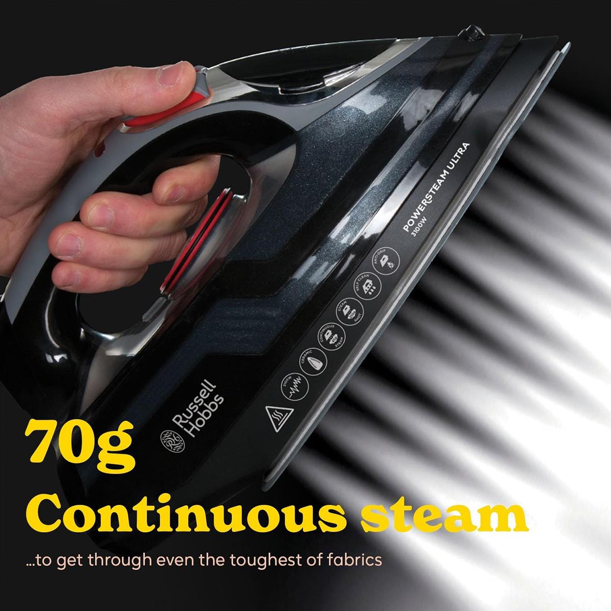 Russell Hobbs PowerSteam Ultra Steam Iron 3100W Ceramic Soleplate 350ml Water Tank Black - Image 5
