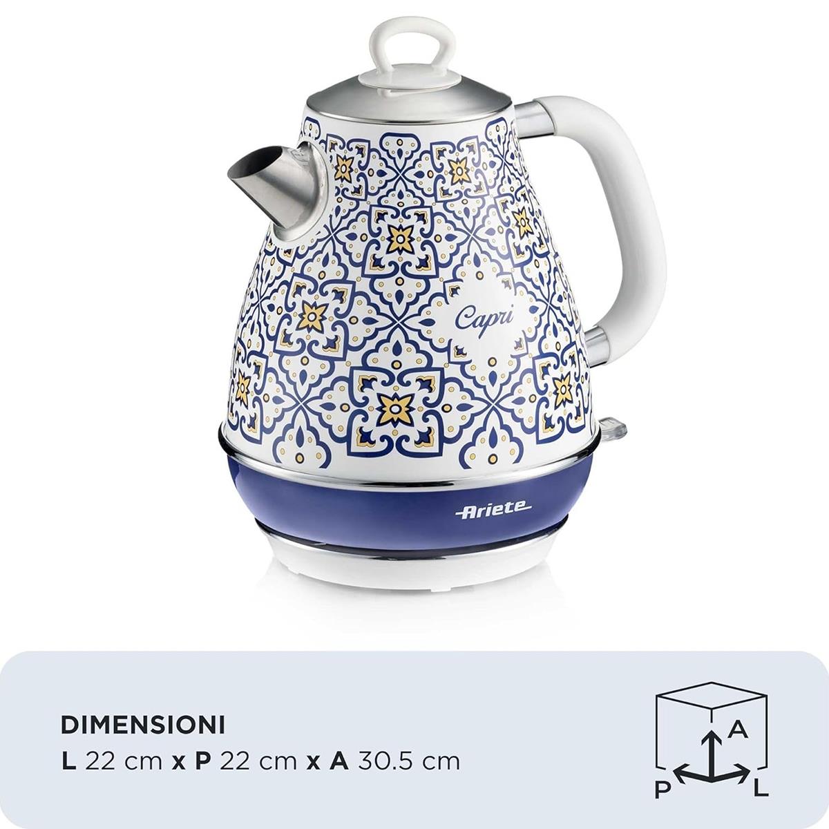 Ariete Capri Electric Jug Kettle 1.7 Litre Stainless Steel 2000W 360° Cordless Base Removable Filter Blue And White - Image 3