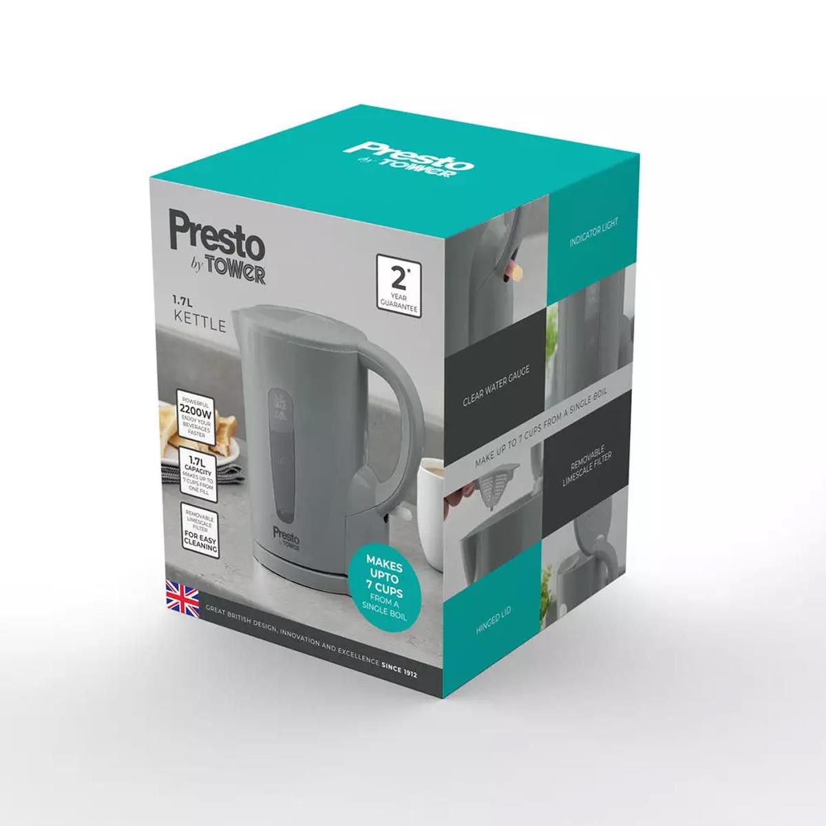 Tower Presto Electric Jug Kettle 1.7 Litre 2200W Plastic Rapid Boil With Removable Limescale Filter Grey - Image 8