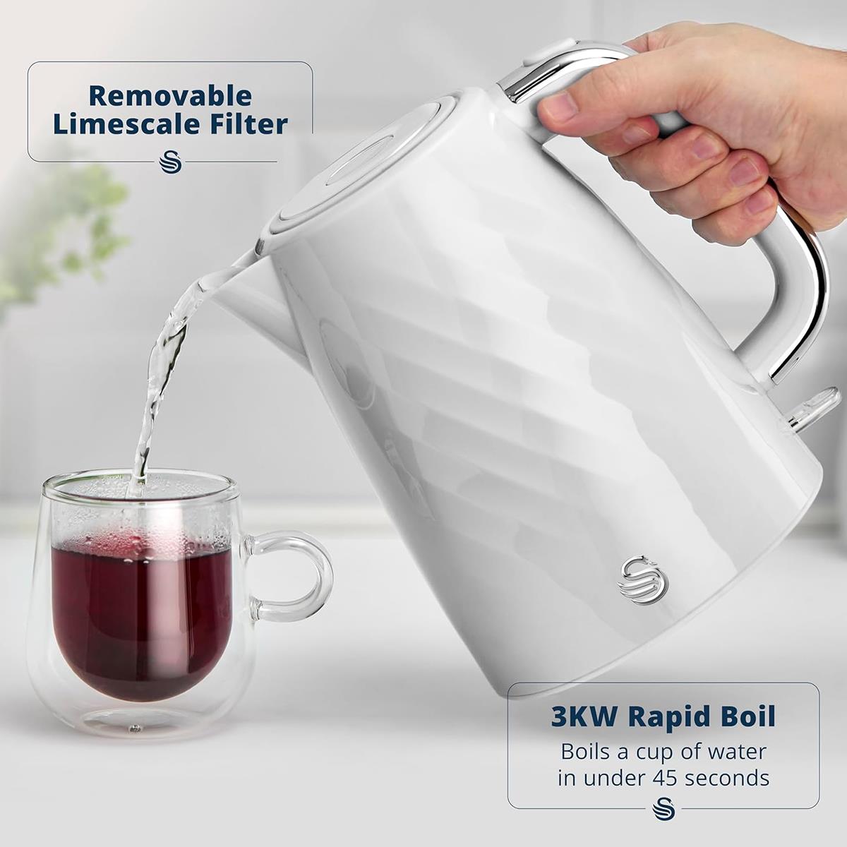 Swan Windsor Textured Rapid Boil Electric Kettle 1.7 Litre 3000W Cordless White With Removable Limescale Filter And Boil Dry Protection - Image 4