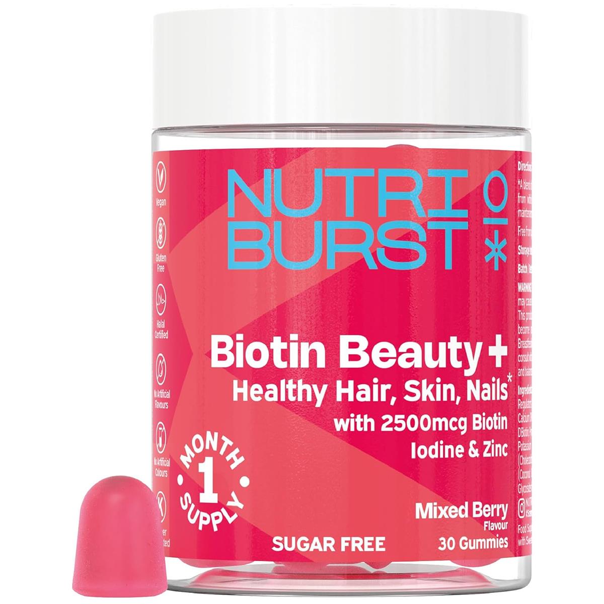 Nutriburst Biotin Beauty Plus Hair, Skin & Nails Vegan Gummies Wth Biotin, Vitamins A, C, D3, E, Zinc & Iodine, Mixed Berry, 30 Gummies