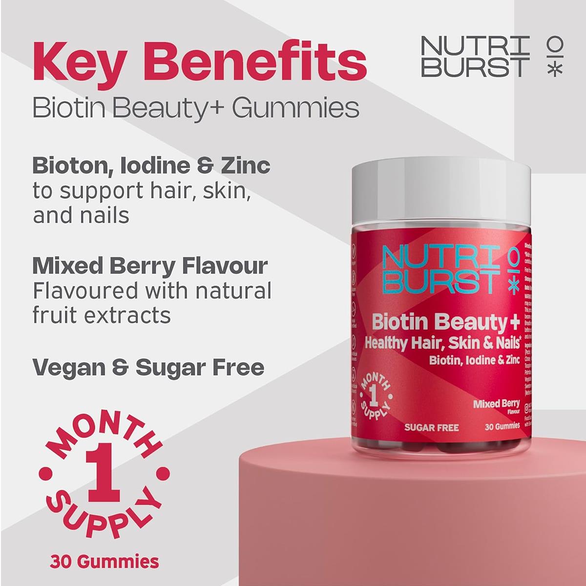 Nutriburst Biotin Beauty Plus Hair, Skin & Nails Vegan Gummies Wth Biotin, Vitamins A, C, D3, E, Zinc & Iodine, Mixed Berry, 30 Gummies - Image 2