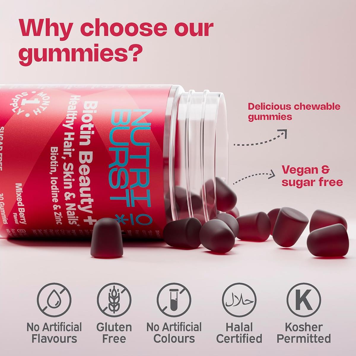 Nutriburst Biotin Beauty Plus Hair, Skin & Nails Vegan Gummies Wth Biotin, Vitamins A, C, D3, E, Zinc & Iodine, Mixed Berry, 30 Gummies - Image 3