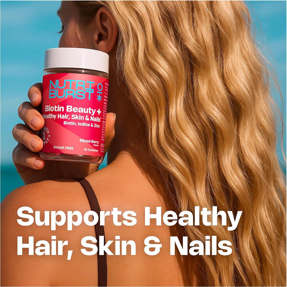 Nutriburst Biotin Beauty Plus Hair, Skin & Nails Vegan Gummies Wth Biotin, Vitamins A, C, D3, E, Zinc & Iodine, Mixed Berry, 30 Gummies - Image 4