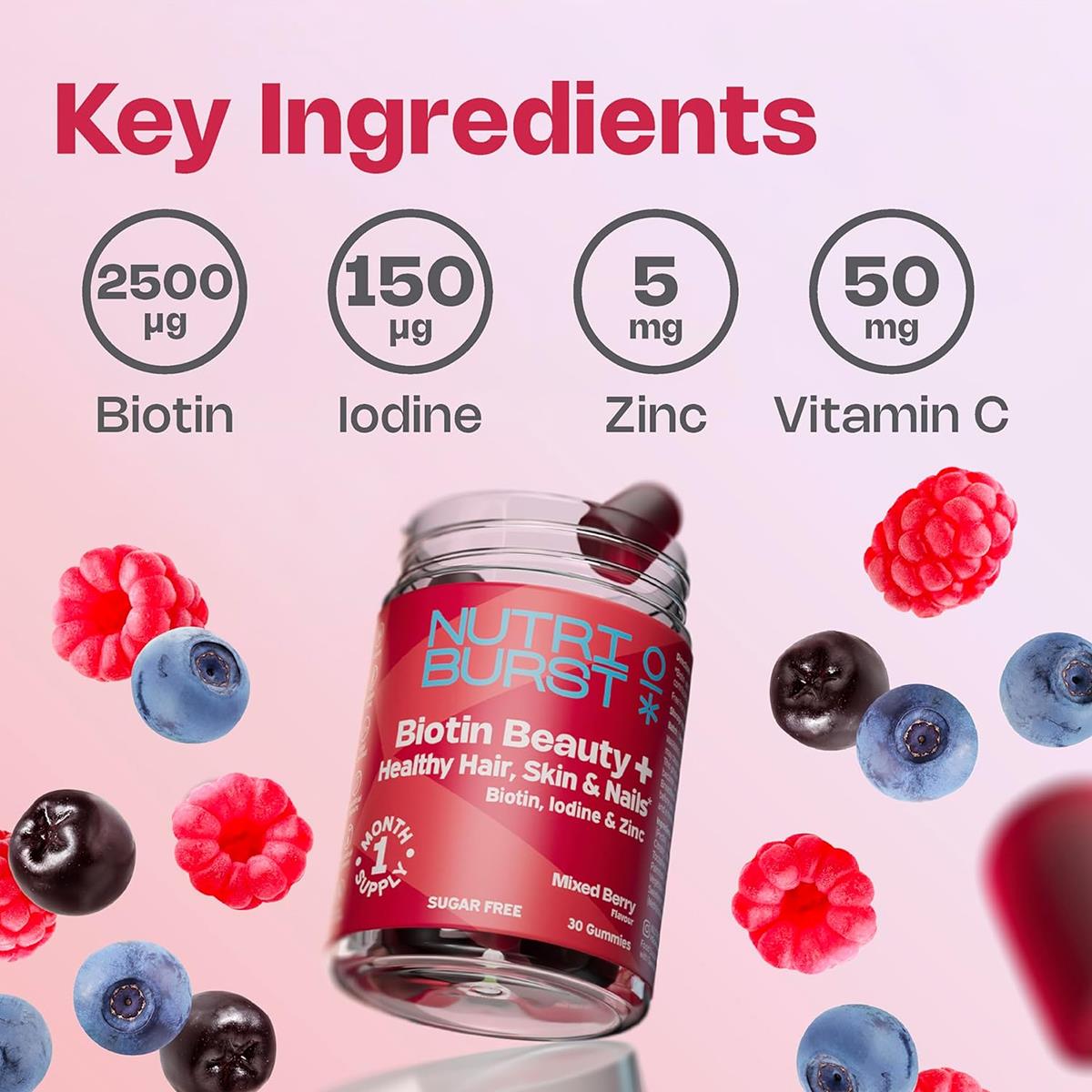 Nutriburst Biotin Beauty Plus Hair, Skin & Nails Vegan Gummies Wth Biotin, Vitamins A, C, D3, E, Zinc & Iodine, Mixed Berry, 30 Gummies - Image 6