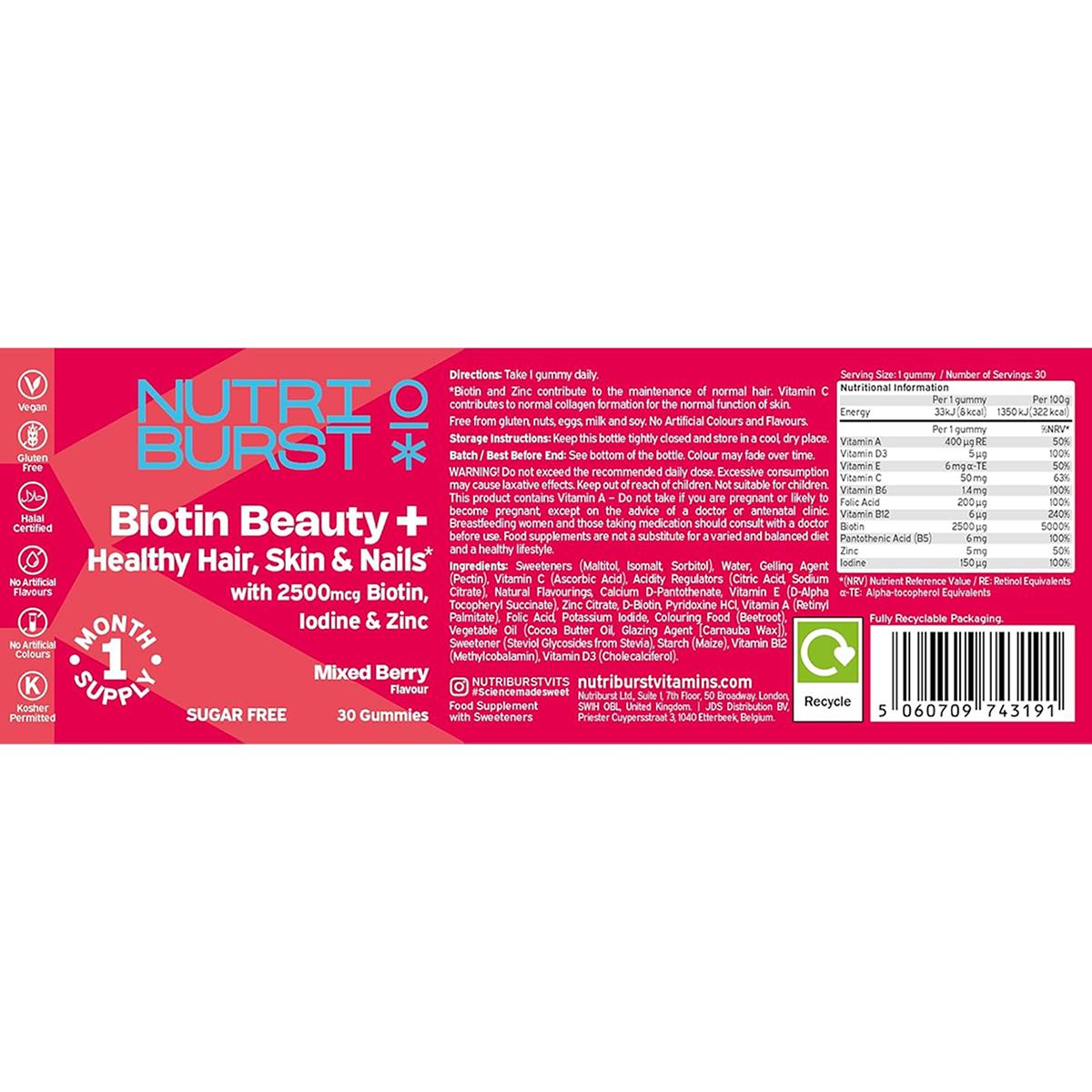 Nutriburst Biotin Beauty Plus Hair, Skin & Nails Vegan Gummies Wth Biotin, Vitamins A, C, D3, E, Zinc & Iodine, Mixed Berry, 30 Gummies - Image 10
