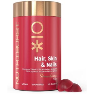 Nutriburst Hair, Skin And Nails Vegan Gummies With Biotin, Vitamin E, Zinc And Multivitamins, Sugar Free, Strawberry 60 Gummies