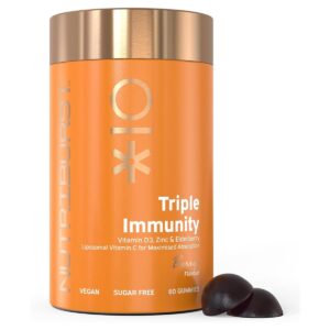 Nutriburst Triple Immunity Vegan Gummies With Vitamin C, Vitamin D3, Zinc And Elderberry, Sugar Free, Berry, 60 Gummies