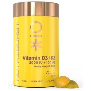 Nutriburst Vitamin D3 + K2 Vegan Gummies 2000IU With Menaquinone-7, Bone And Immune Support, Sugar Free, Lemon Flavour 60 Gummies