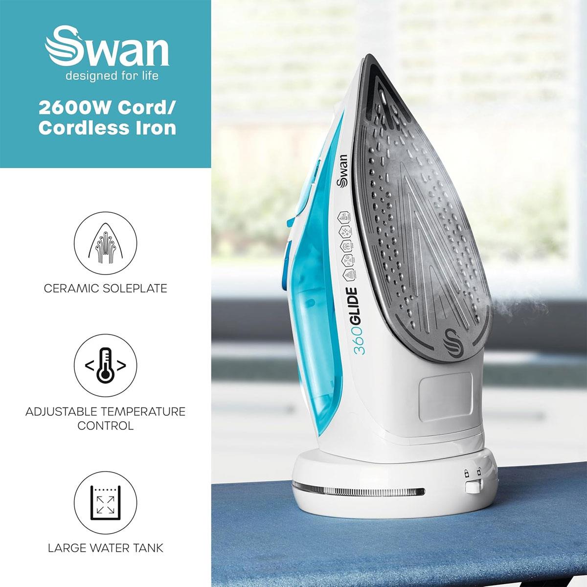 Swan 2-in-1 Cord or Cordless Steam Press Iron Blue 2800W Ceramic Non-Stick Soleplate 300ml Water Tank - Image 3
