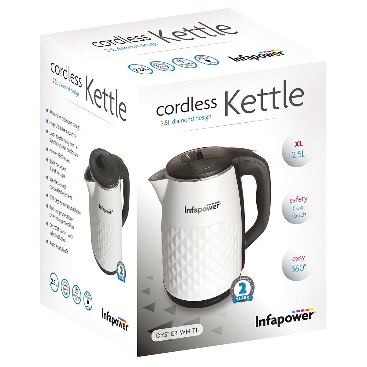 Infapower Diamond Design Cordless Electric Kettle 2.5L 1800W Oyster White With 360° Base And Auto Shut-Off - Image 2