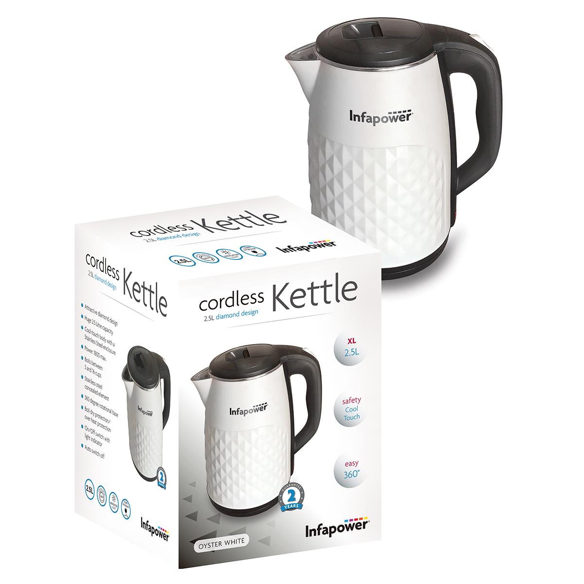 Infapower Diamond Design Cordless Electric Kettle 2.5L 1800W Oyster White With 360° Base And Auto Shut-Off - Image 3