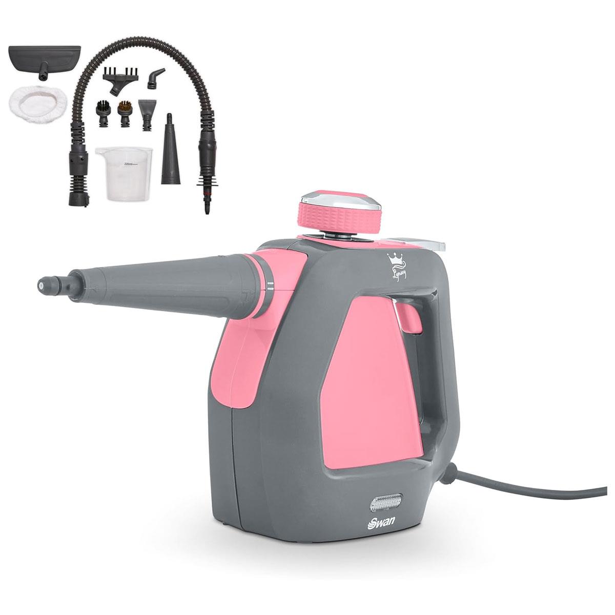 Swan Lynsey TV's Queen of Clean Handheld Steam Cleaner 220ml 3 Bar 9 Piece Accessory Kit Corded Pink/Grey