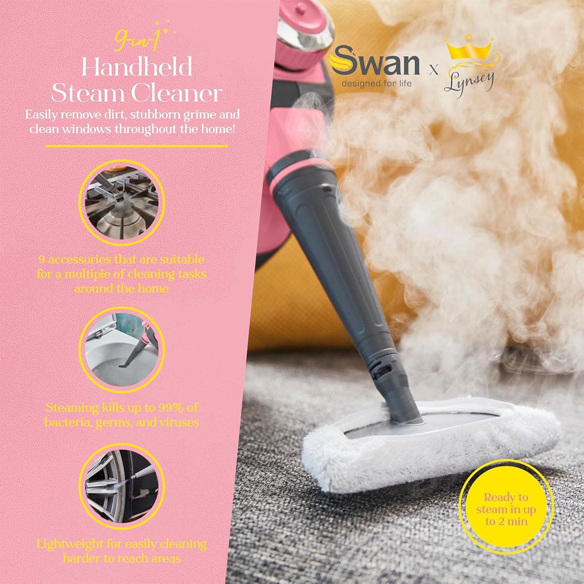 Swan Lynsey TV's Queen of Clean Handheld Steam Cleaner 220ml 3 Bar 9 Piece Accessory Kit Corded Pink/Grey - Image 3