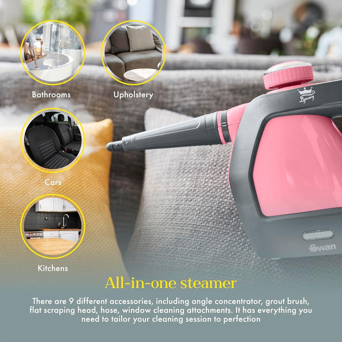 Swan Lynsey TV's Queen of Clean Handheld Steam Cleaner 220ml 3 Bar 9 Piece Accessory Kit Corded Pink/Grey - Image 4