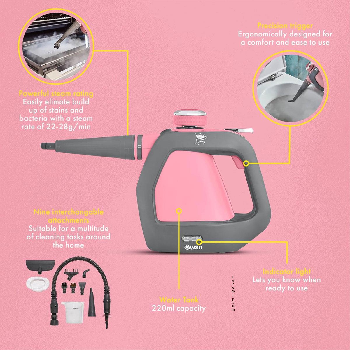Swan Lynsey TV's Queen of Clean Handheld Steam Cleaner 220ml 3 Bar 9 Piece Accessory Kit Corded Pink/Grey - Image 6