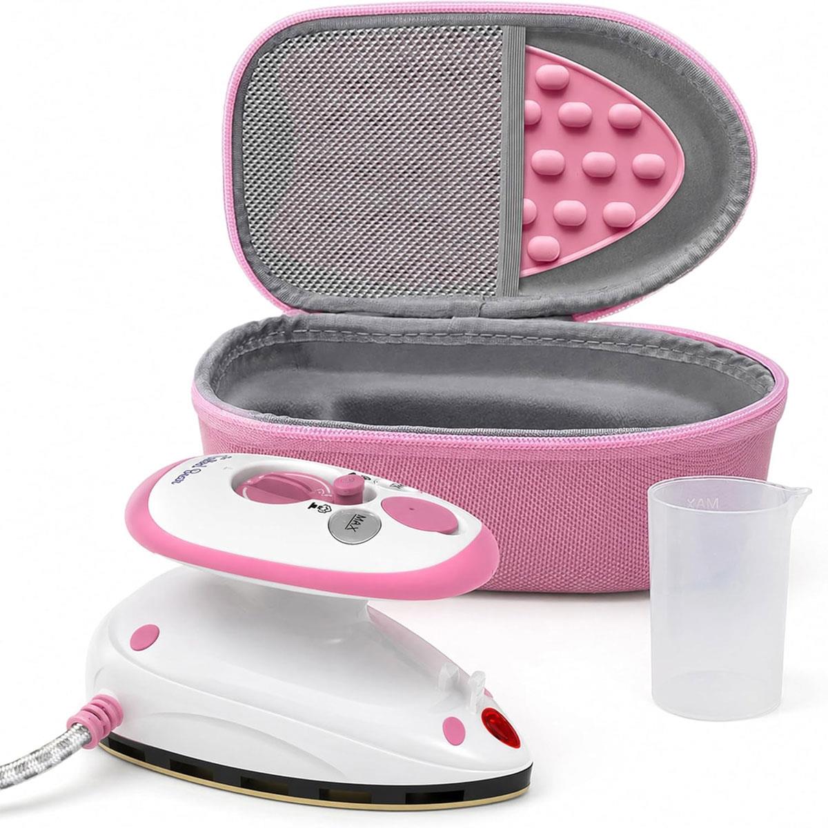 The Quilted Bear Mini Steam Iron Pink Ceramic Soleplate with Hardshell Travel Case And Iron Rest