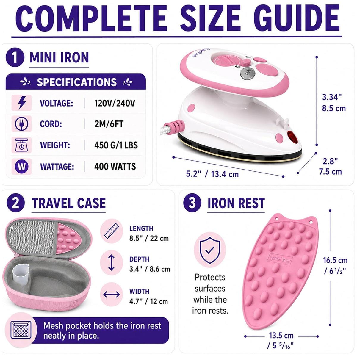 The Quilted Bear Mini Steam Iron Pink Ceramic Soleplate with Hardshell Travel Case And Iron Rest - Image 2