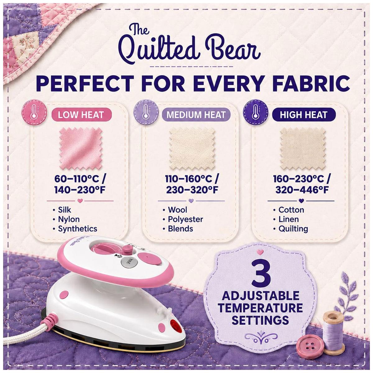 The Quilted Bear Mini Steam Iron Pink Ceramic Soleplate with Hardshell Travel Case And Iron Rest - Image 4
