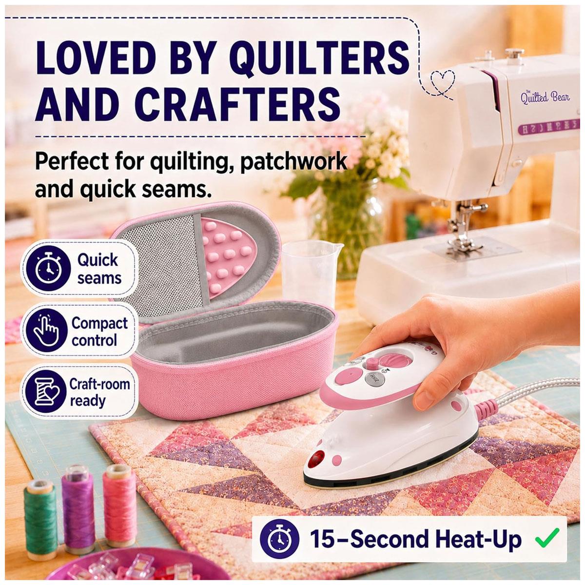 The Quilted Bear Mini Steam Iron Pink Ceramic Soleplate with Hardshell Travel Case And Iron Rest - Image 5