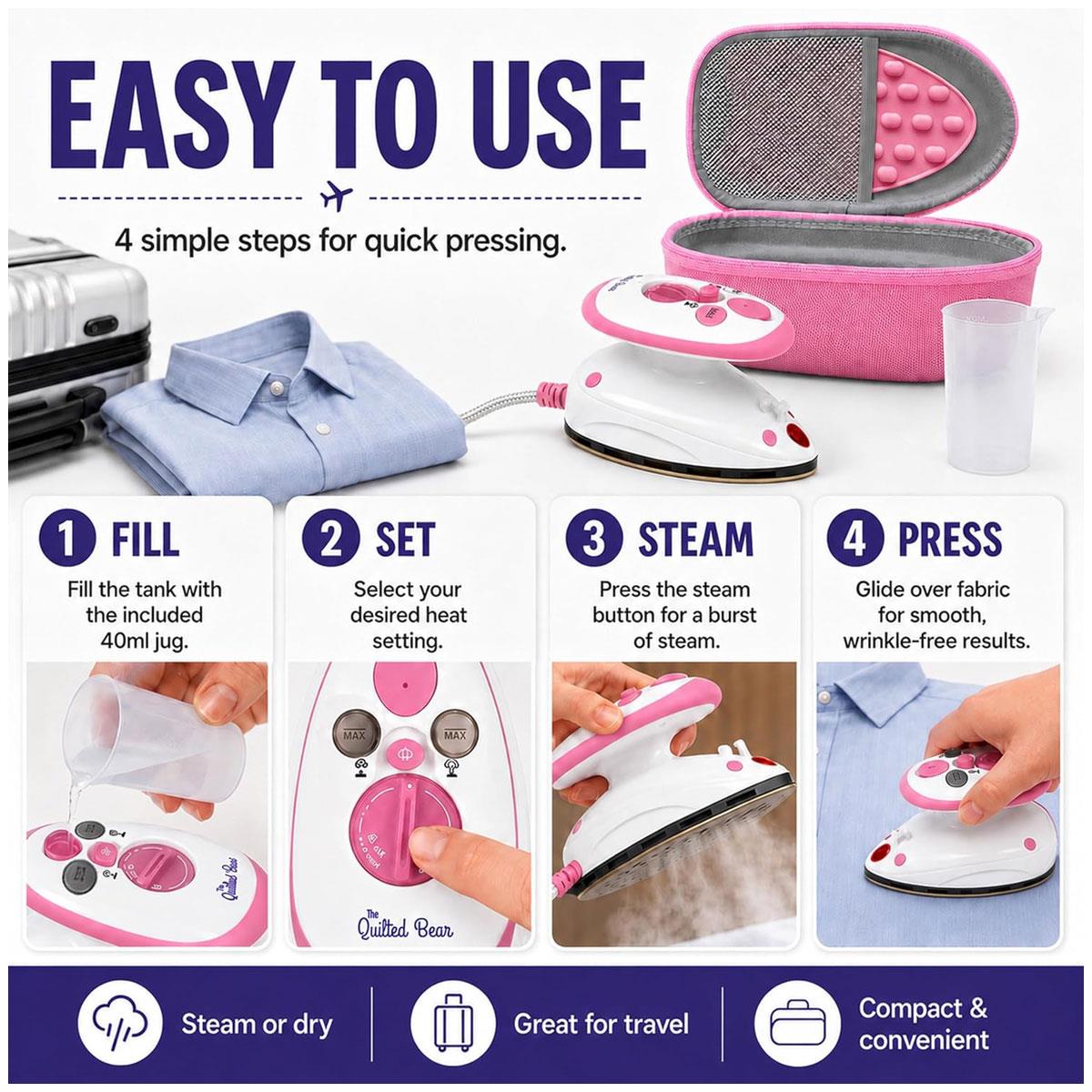 The Quilted Bear Mini Steam Iron Pink Ceramic Soleplate with Hardshell Travel Case And Iron Rest - Image 6