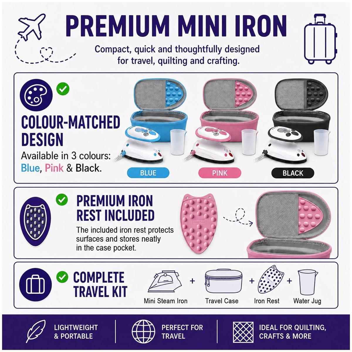 The Quilted Bear Mini Steam Iron Pink Ceramic Soleplate with Hardshell Travel Case And Iron Rest - Image 9