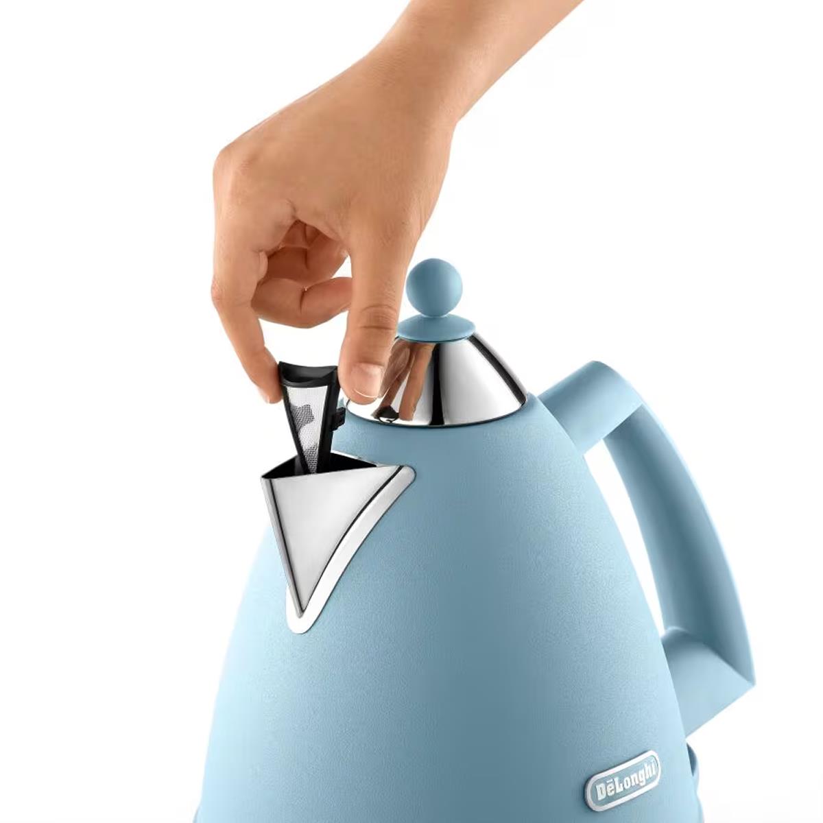 Delonghi Argento Flora Electric Jug Kettle 1.7L Agave Blue Stainless Steel Cordless With Anti-Scale Filter - Image 2