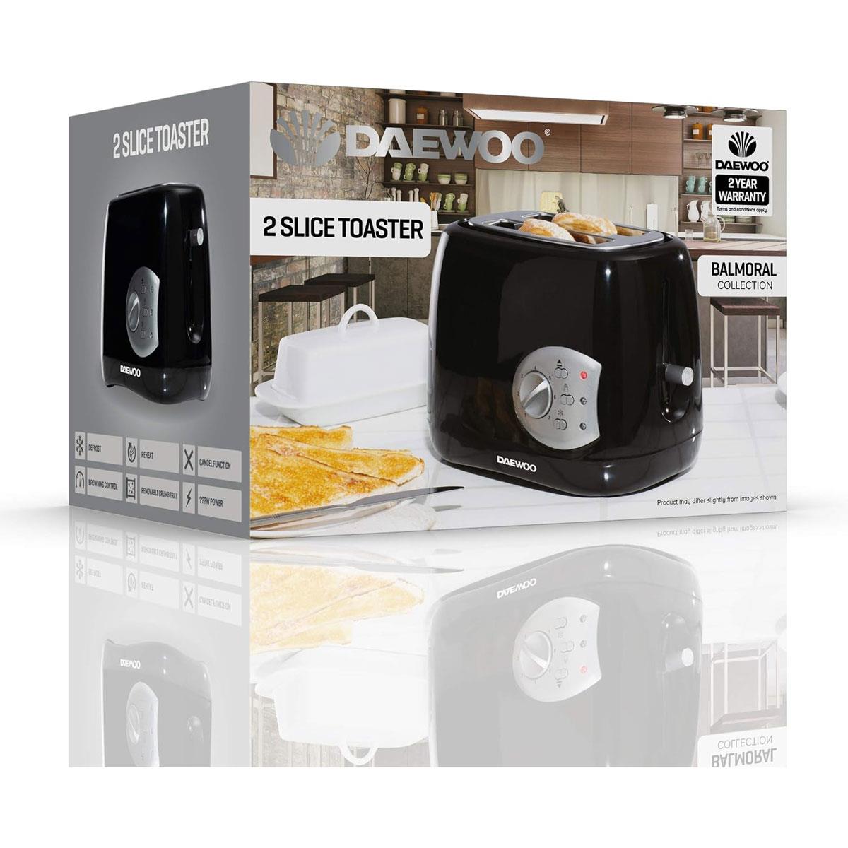Daewoo Balmoral 2 Slice Toaster Electronic Timer Dial with 6 Browning Settings Defrost Reheat & Cancel Black - Image 5